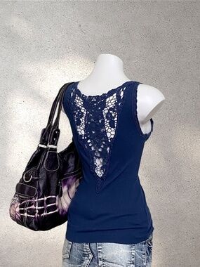 2000s Charlotte Russe Navy Blue Lace Trim Cami Tank | Cyber Y2K Downtown Girl